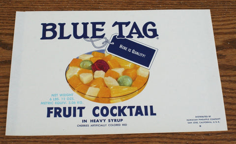 Vintage tin can label 'Blue Tag Fruit Cocktail'