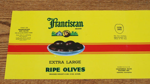 Vintage tin can label 'Franciscan Ripe Olives'