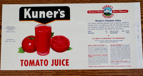 Vintage tin can label 'Kuner's Tomato Juice'
