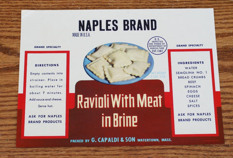 Vintage tin can label 'Naples Brand Ravioli'