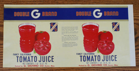 Vintage tin can label 'Double G Brand Tomato Juice'